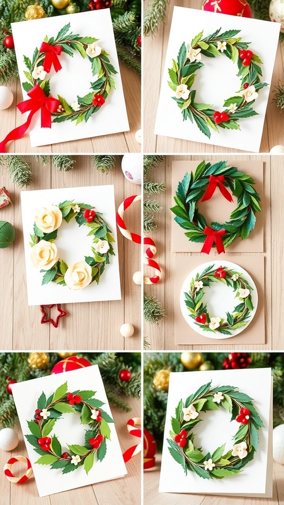 A variety of Christmas cards with wreath designs, showcasing creativity and festive spirit.
